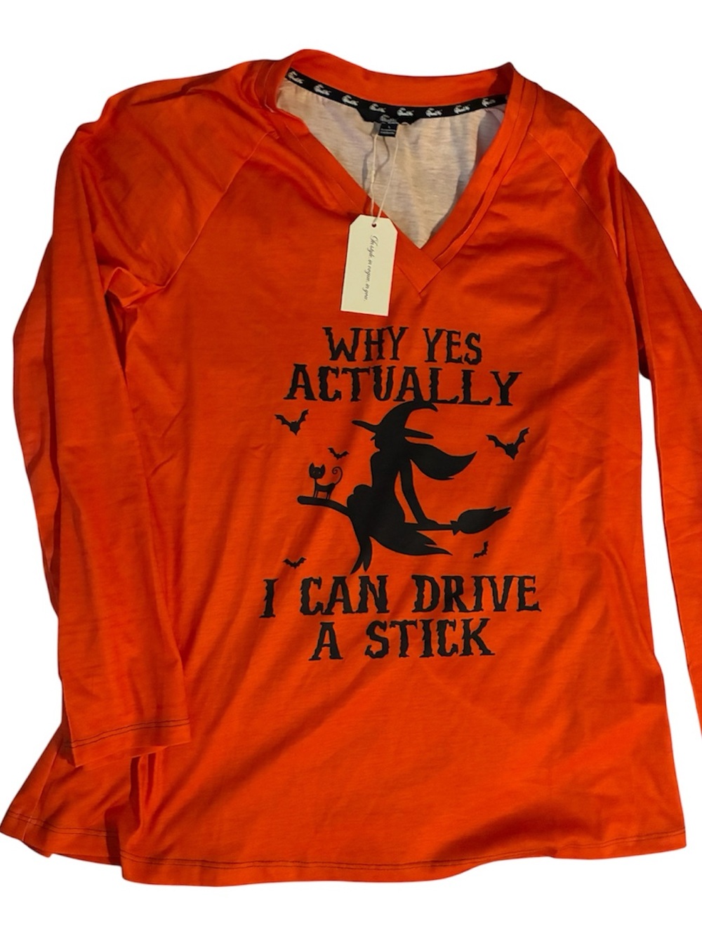 Women's Orange V-Neck Long Sleeve Tee - Witch Graphic